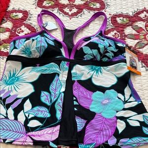 ZeroXposur Women's Swim Top - Black, Purple, Aqua Floral